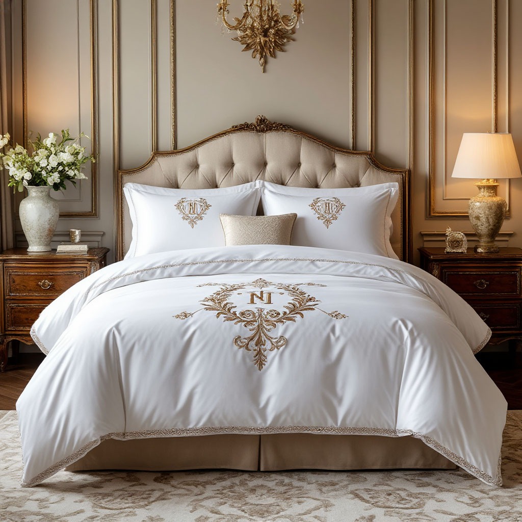 Luxury Egyptian cotton bedding with embroidered monogram in elegant bedroom