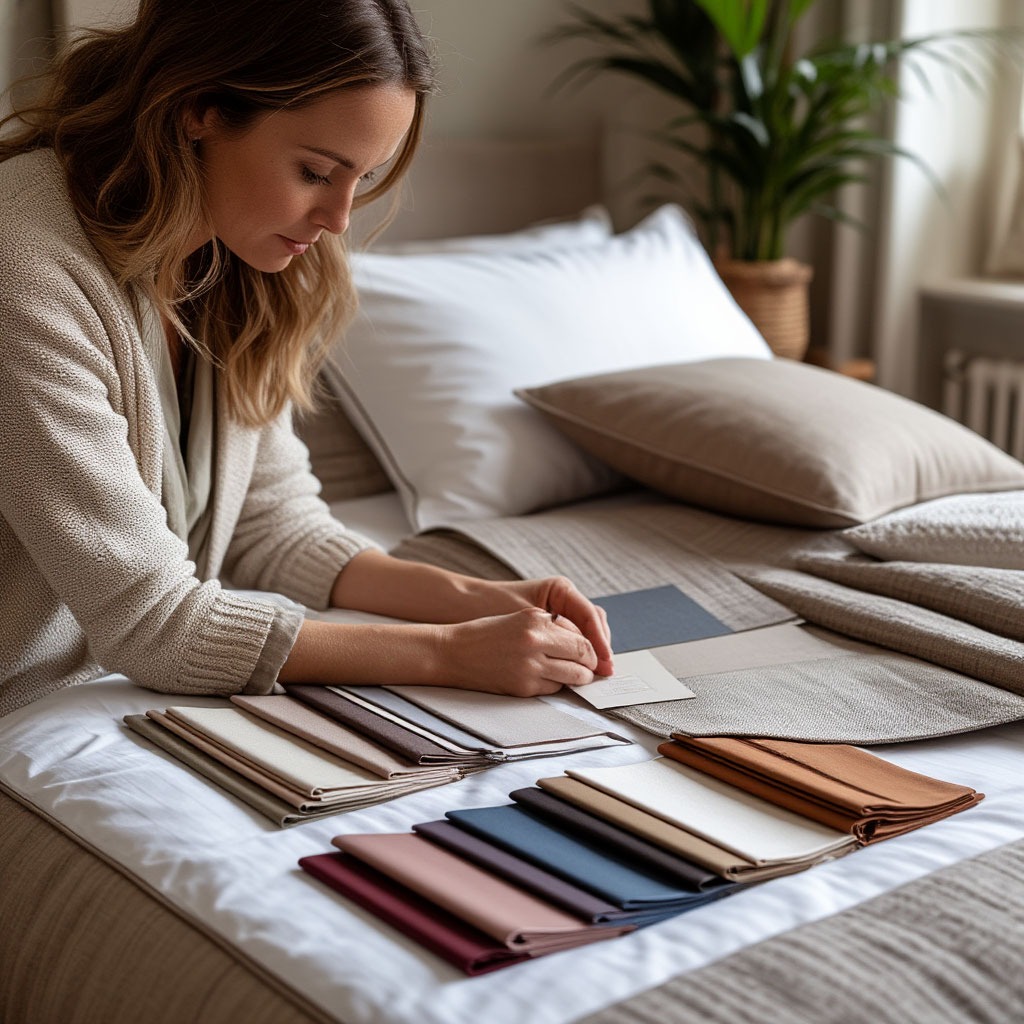 Interior designer selecting fabric swatches and colour palettes for bespoke bedding